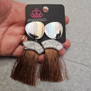 Paparazzi Silver &  Brown Tassel Earrings Studded Back New